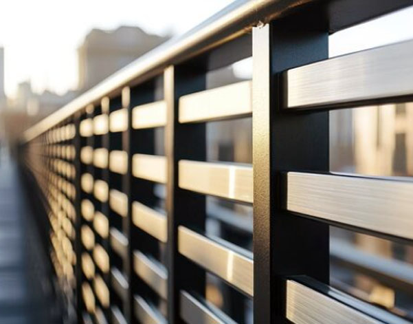 Close-up of a sleek, modern railing with alternating metal and black sections, bathed in soft morning light.