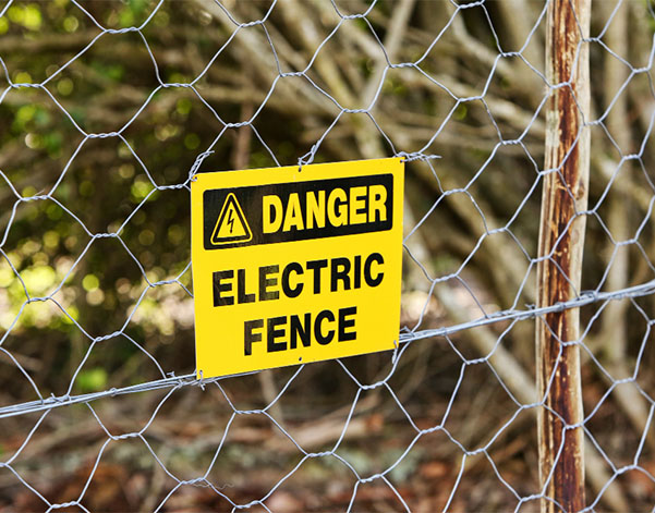 A bright yellow sign warns of an electric fence, attached to a chain-link fence, with greenery visible in the background.